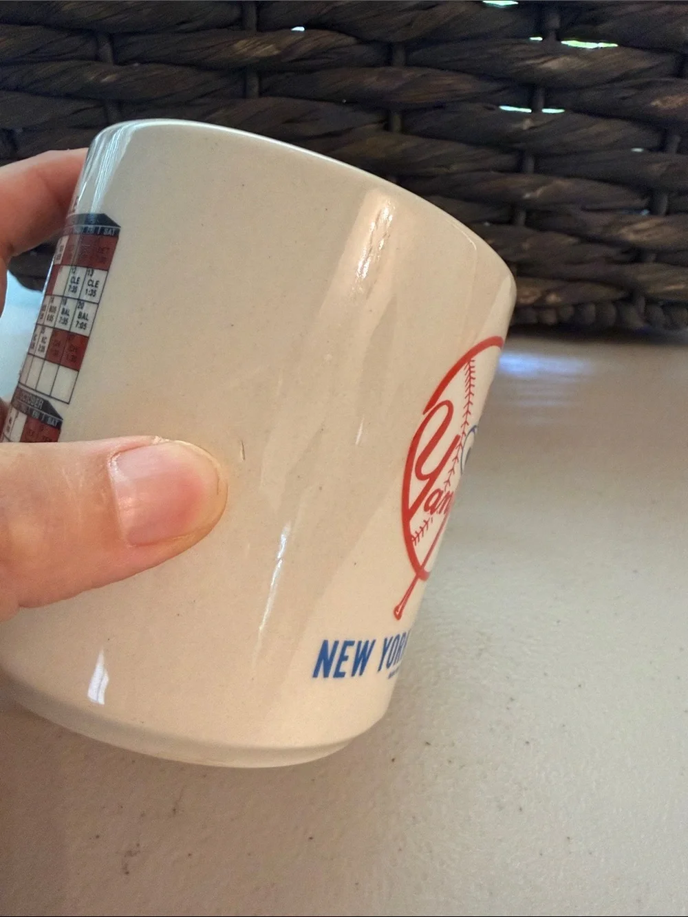 Vintage 1992 MLB New York Yankees Cream Mug with Red and Blue Logo